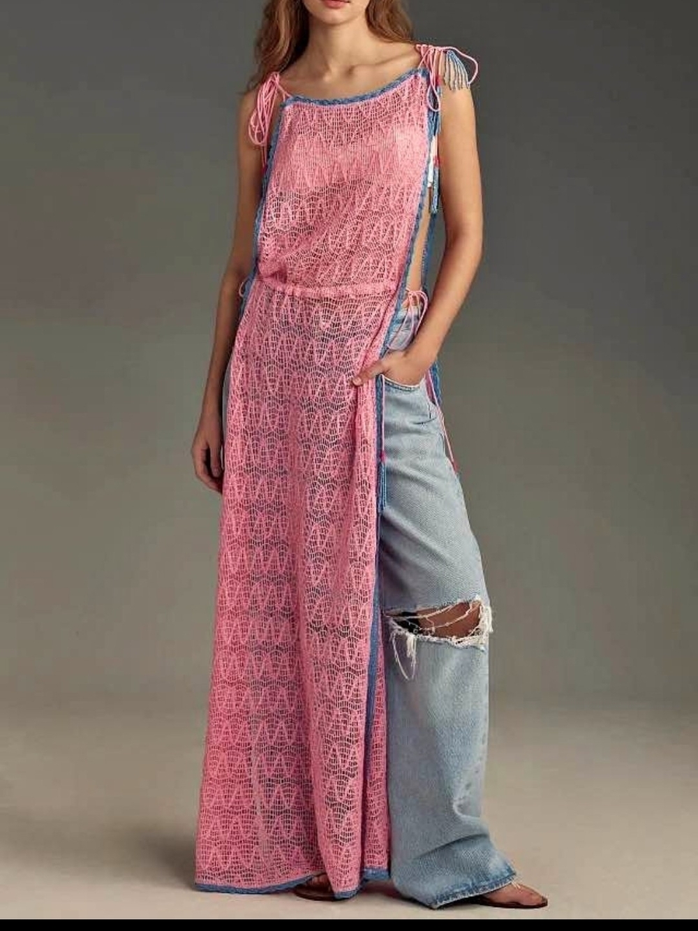 By Anthropologie Crochet Side-Slit Tunic Maxi Cover Up - Pink NWOT